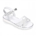 Metal finish leather sandal shoes with SHINY design and white soles.