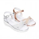 Metal finish leather sandal shoes with SHINY design and white soles.