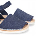 Little JEANS canvas Menorquina sandals combined with soft leather and with velcro strap.