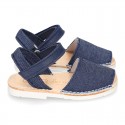 Little JEANS canvas Menorquina sandals combined with soft leather and with velcro strap.