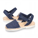 Little JEANS canvas Menorquina sandals combined with soft leather and with velcro strap.