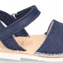 Little JEANS canvas Menorquina sandals combined with soft leather and with velcro strap.