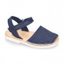 Little JEANS canvas Menorquina sandals combined with soft leather and with velcro strap.