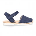 Little JEANS canvas Menorquina sandals combined with soft leather and with velcro strap.