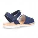 Little JEANS canvas Menorquina sandals combined with soft leather and with velcro strap.