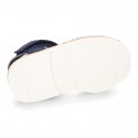 Little JEANS canvas Menorquina sandals combined with soft leather and with velcro strap.