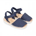 Little JEANS canvas Menorquina sandals combined with soft leather and with velcro strap.