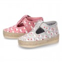 CHICKS print canvas little T-Strap shoes espadrille style for babies.