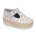 CHICKS print canvas little T-Strap shoes espadrille style for babies.