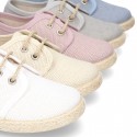 LINEN canvas Laces up shoes espadrille style in pastel colors.