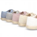 LINEN canvas Laces up shoes espadrille style in pastel colors.