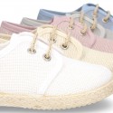 LINEN canvas Laces up shoes espadrille style in pastel colors.