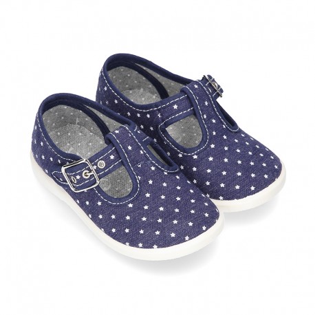 New STARS print design cotton canvas T-Strap shoes.