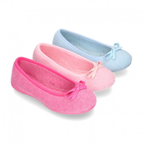 Terry cloth Home Ballet flat shoes with ribbon.