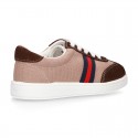 Combined canvas suede leather tennis shoes with laces.