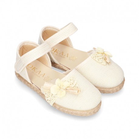 CEREMONY Linen canvas espadrille shoes with Ribbon and Flower design.