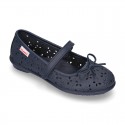 FLOWER IMPRESSED washable leather Mary Janes style with velcro strap and bow for girls.