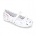 FLOWER IMPRESSED washable leather Mary Janes style with velcro strap and bow for girls.