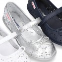 FLOWER IMPRESSED washable leather Mary Janes style with velcro strap and bow for girls.