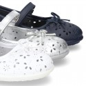 FLOWER IMPRESSED washable leather Mary Janes style with velcro strap and bow for girls.