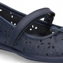 FLOWER IMPRESSED washable leather Mary Janes style with velcro strap and bow for girls.