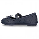 FLOWER IMPRESSED washable leather Mary Janes style with velcro strap and bow for girls.