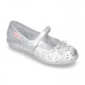 FLOWER IMPRESSED washable leather Mary Janes style with velcro strap and bow for girls.