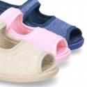 Terry cloth Home shoes SANDAL style with velcro strap.