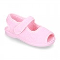 Terry cloth Home shoes SANDAL style with velcro strap.