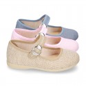 New LINEN canvas Mary Jane shoes with Japanese buckle fastening.