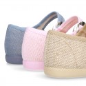 New LINEN canvas Mary Jane shoes with Japanese buckle fastening.