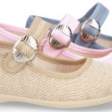 New LINEN canvas Mary Jane shoes with Japanese buckle fastening.