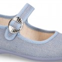 New LINEN canvas Mary Jane shoes with Japanese buckle fastening.