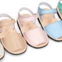 EXTRA SOFT leather kids Menorquina sandals with hook and loop strap in pastel colors.