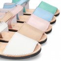 EXTRA SOFT leather kids Menorquina sandals with hook and loop strap in pastel colors.