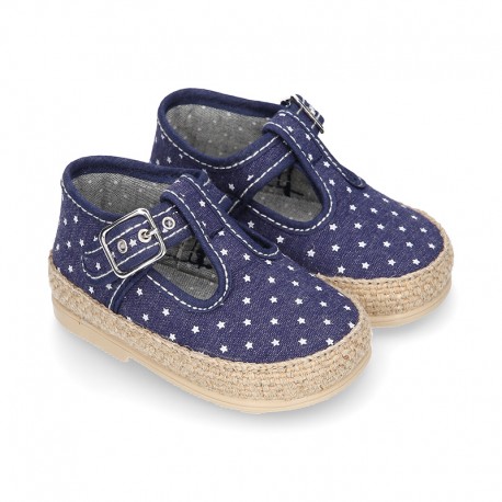 STARS print design cotton canvas little T-Strap shoes espadrille style for babies.