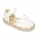 WhiteLinen canvas espadrille shoes with velcro strap and flower design for CEREMONIES.