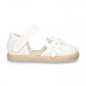 WhiteLinen canvas espadrille shoes with velcro strap and flower design for CEREMONIES.