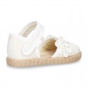 WhiteLinen canvas espadrille shoes with velcro strap and flower design for CEREMONIES.