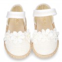 WhiteLinen canvas espadrille shoes with velcro strap and flower design for CEREMONIES.