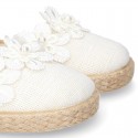 WhiteLinen canvas espadrille shoes with velcro strap and flower design for CEREMONIES.