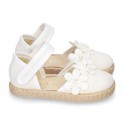 WhiteLinen canvas espadrille shoes with velcro strap and flower design for CEREMONIES.