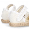 WhiteLinen canvas espadrille shoes with velcro strap and flower design for CEREMONIES.