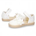 WhiteLinen canvas espadrille shoes with velcro strap and flower design for CEREMONIES.