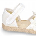 WhiteLinen canvas espadrille shoes with velcro strap and flower design for CEREMONIES.