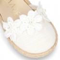 WhiteLinen canvas espadrille shoes with velcro strap and flower design for CEREMONIES.