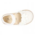 WhiteLinen canvas espadrille shoes with velcro strap and flower design for CEREMONIES.