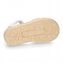WhiteLinen canvas espadrille shoes with velcro strap and flower design for CEREMONIES.