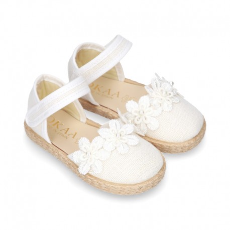 WhiteLinen canvas espadrille shoes with velcro strap and flower design for CEREMONIES.