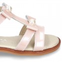 Patent Leather T-Strap Sandal shoes with BOWS and PEARLS for toddler girls.